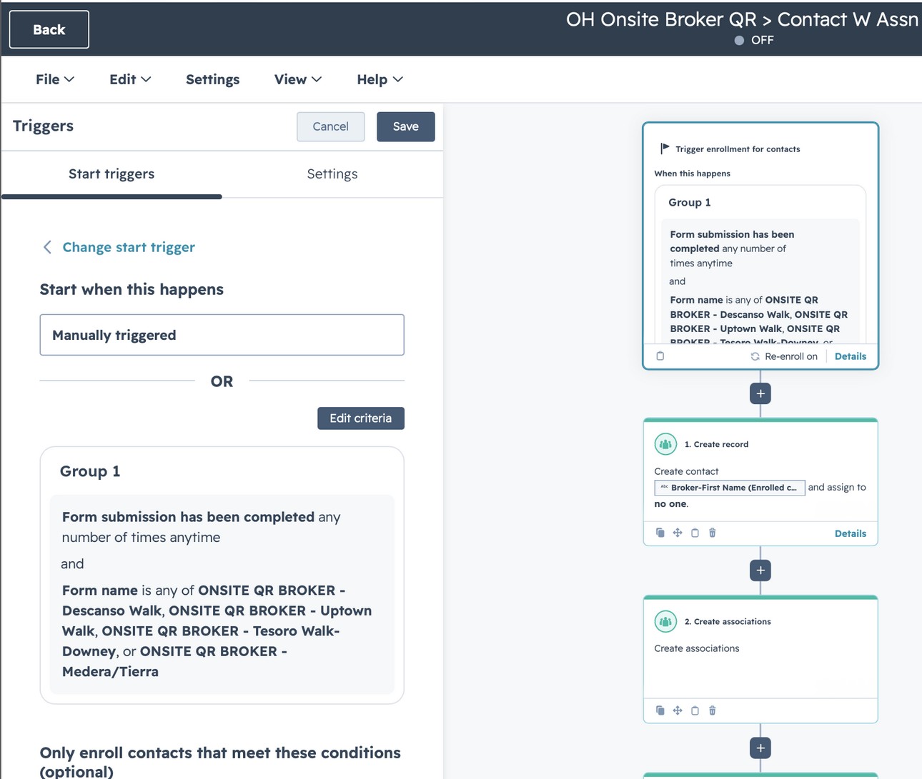 HubSpot workflow enrollment triggers for Onsite Broker QR forms.