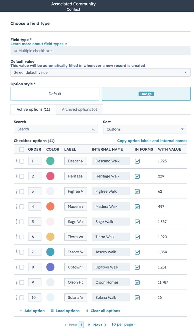 HubSpot Associated Community property — add the new project as an active option.