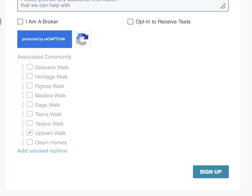 Onsite form — Associated Community options with “Add unused option” link.